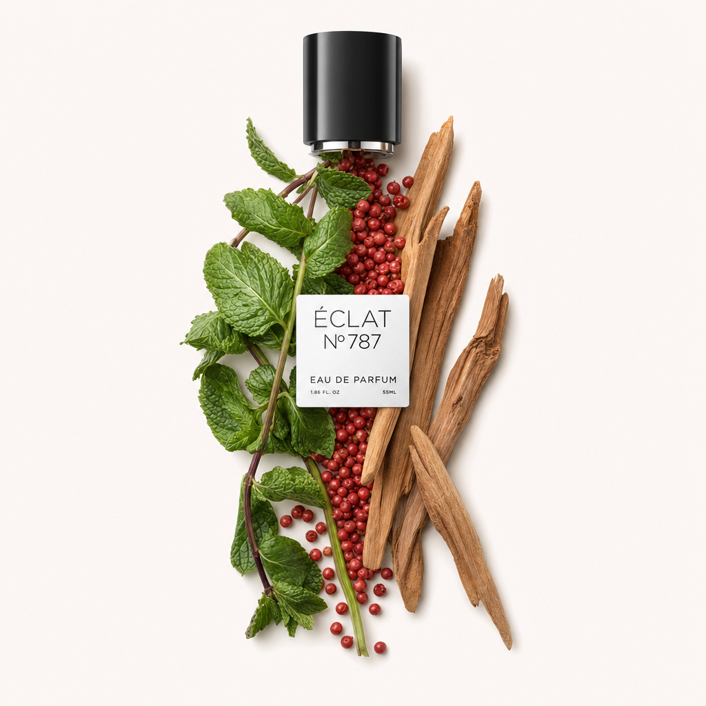 Una selezione di foglie di menta fresca, bacche rosse e bastoncini di legno disposti accanto a un tappo nero con etichetta ÉCLAT.