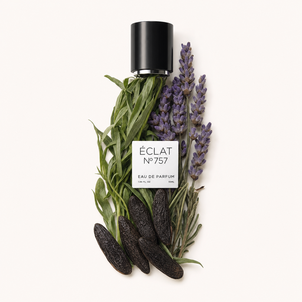 Una composizione artistica di foglie di menta, fagioli tonka e fiori di lavanda con il tappo nero e l'etichetta ÉCLAT.