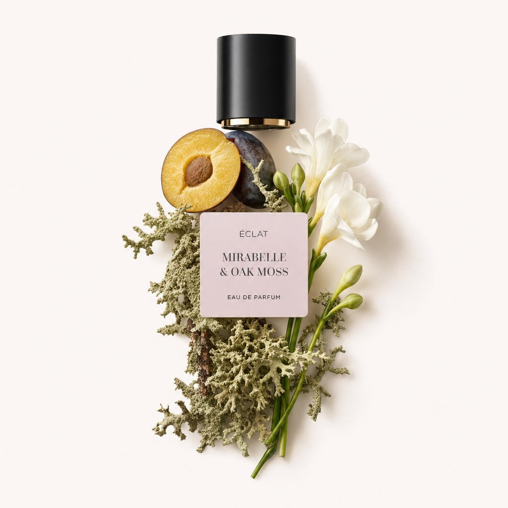 Un arrangiamento di prugna fresca, muschio di quercia e fiori di fresia bianca attorno a un tappo nero con etichetta 'ÉCLAT Mirabelle & Oak Moss'.