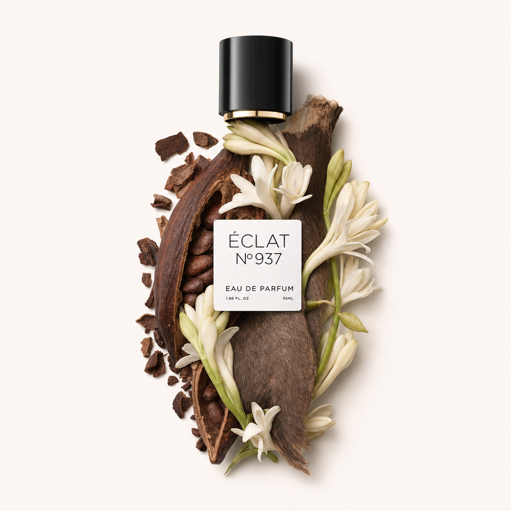 Una composizione di baccelli di cacao, fiori bianchi e un materiale marrone strutturato circonda il tappo nero con un'etichetta di ÉCLAT Musky Dark Chocolate.