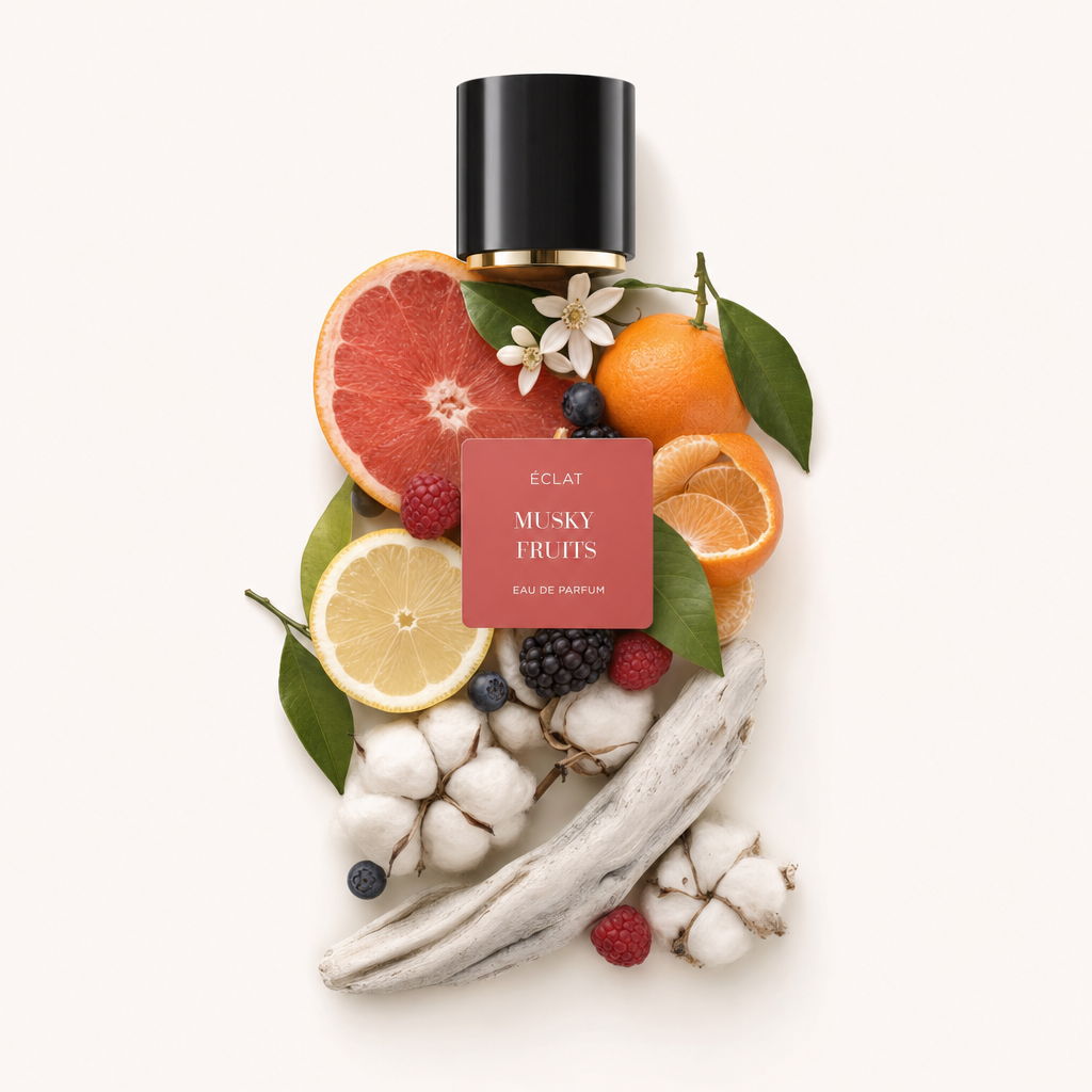 Una composizione di frutti e fiori con fette di agrumi, bacche e un ramo di cotone, intorno a un tappo nero con etichetta ÉCLAT Musky Fruits.
