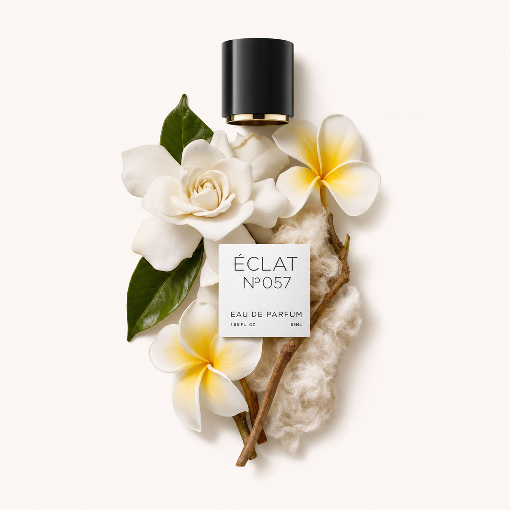 Una natura morta con gli ingredienti di ÉCLAT Musky Gardenia: fiori di gardenia e frangipani, foglie e un ramo legnoso disposti attorno a un tappo nero con etichetta.