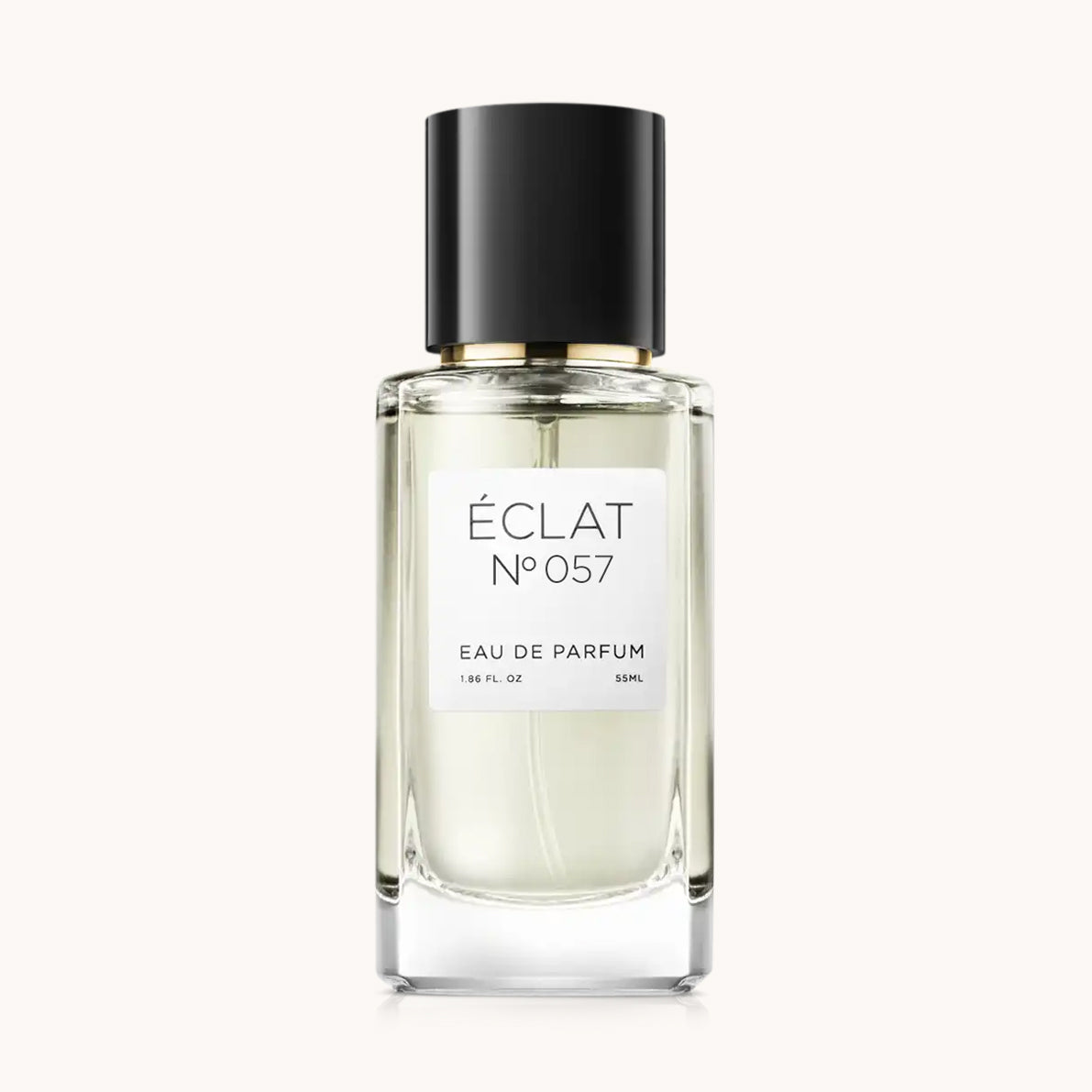 ÉCLAT Musky Gardenia in un flacone di vetro sfaccettato con tappo nero elegante e etichetta bianca minimalista.
