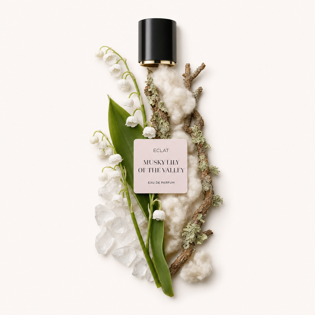 Un arrangiamento artistico di mughetti, foglie verdi, pietre simili a cristalli e rami strutturati con un tappo nero e un'etichetta per ÉCLAT Musky Lily of the Valley.