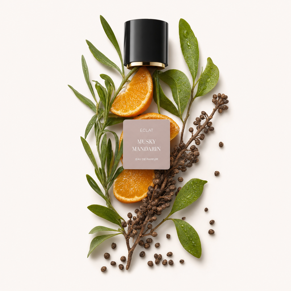 Composizione di fette di mandarino, foglie verdi e spezie essiccate disposte intorno al tappo nero originale ÉCLAT con etichetta.