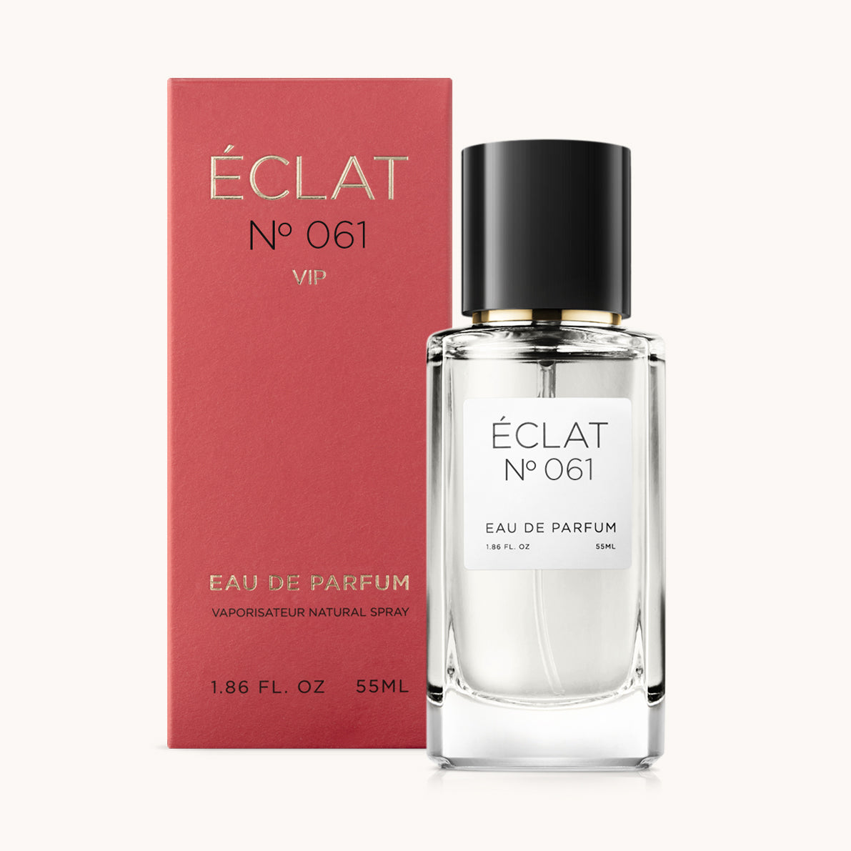 Profumo ÉCLAT VIP Musky Peach in un flacone di vetro sfaccettato con tappo nero, accanto a una scatola da presentazione rossa.
