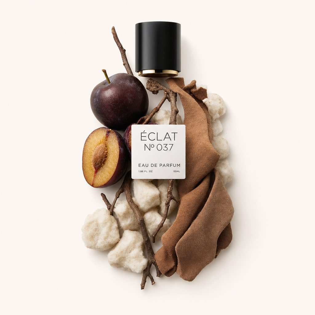 Una composizione di una prugna intera, mezza prugna, rami marroni, sfere di cotone bianche e un tessuto marrone morbido circonda un tappo nero con un'etichetta per ÉCLAT Musky Plum.