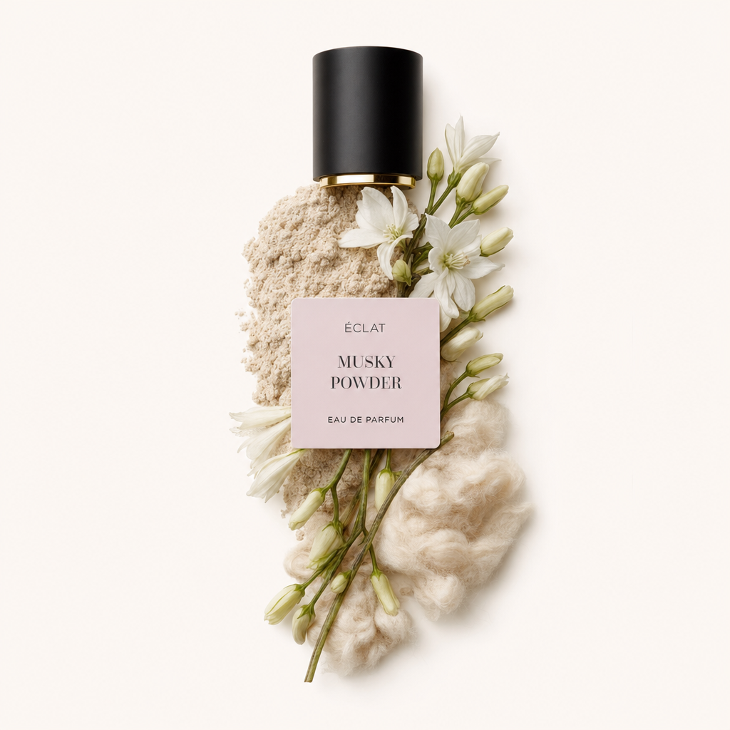 Una composizione di fiori bianchi e polvere beige morbida, accanto a un materiale soffice color panna, circonda il tappo ÉCLAT Musky Powder con etichetta.