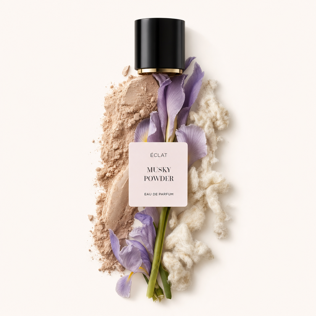 Un arrangiamento di polvere muschiata, delicati iris viola e fibre dalla texture morbida circondano il tappo nero originale ÉCLAT con etichetta.