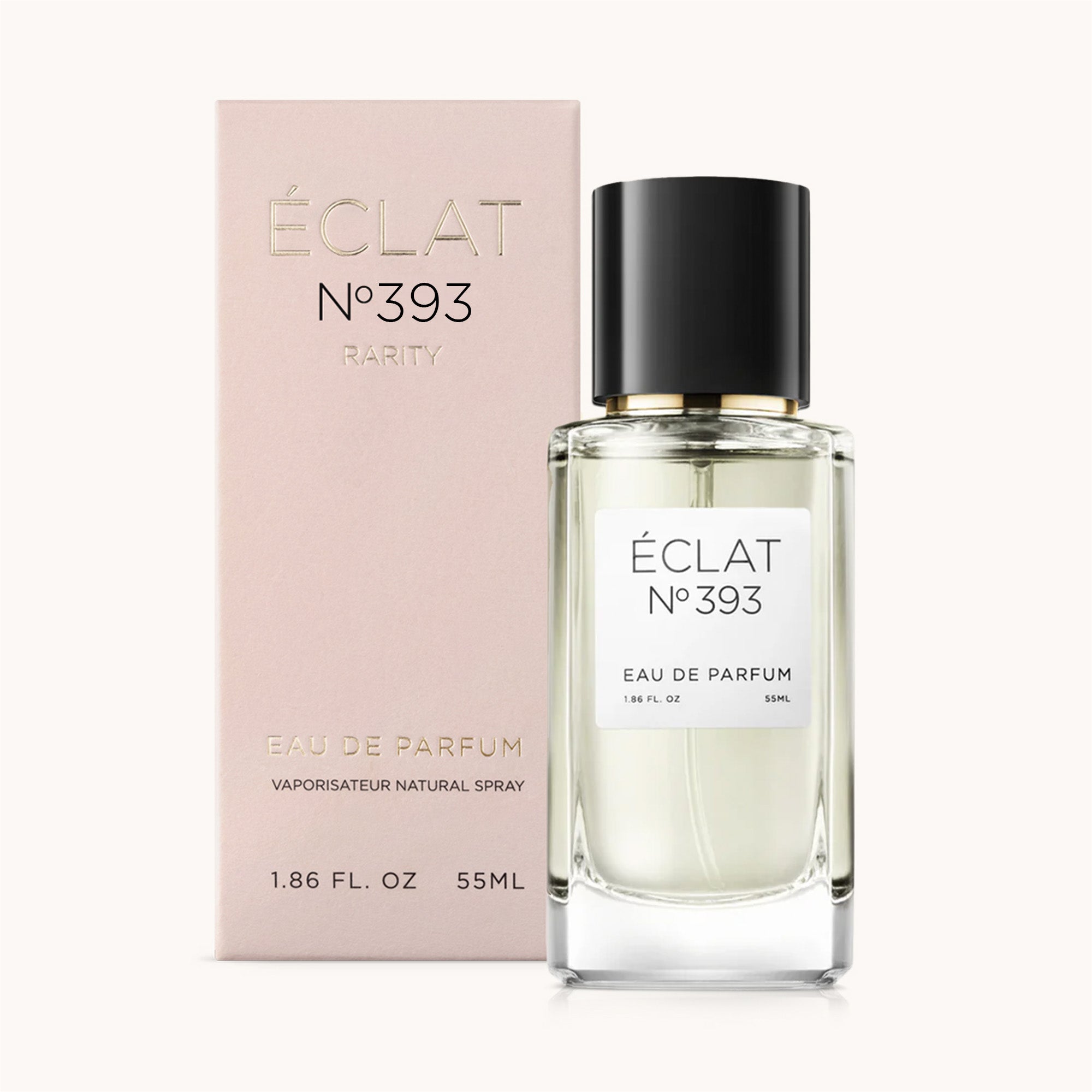 Elegante flacone di profumo ÉCLAT Musky Raspberry con tappo nero, accanto a una scatola rosa blush con dettagli dorati.