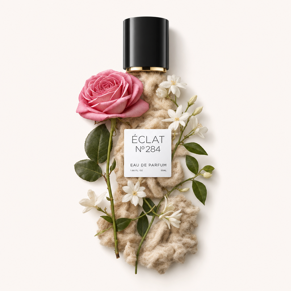 Una composizione di rosa rosa, fiori di gelsomino bianchi e foglie verdi disposte attorno a un materiale beige strutturato, sormontata da un tappo nero con etichetta ÉCLAT Musky Rose.