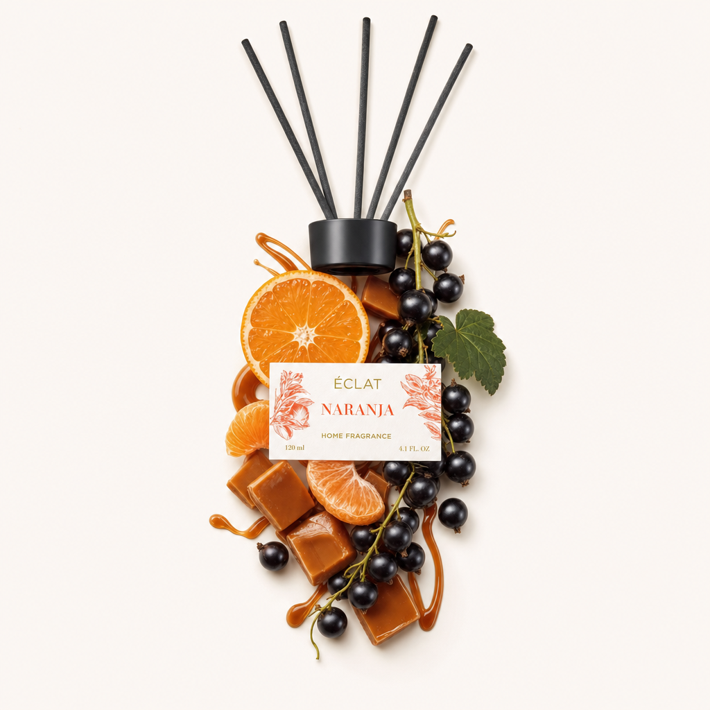 Un arrangiamento di fette di arancia, pezzi di caramello, ribes nero e una foglia verde circonda un tappo nero etichettato 'ÉCLAT Naranja'.