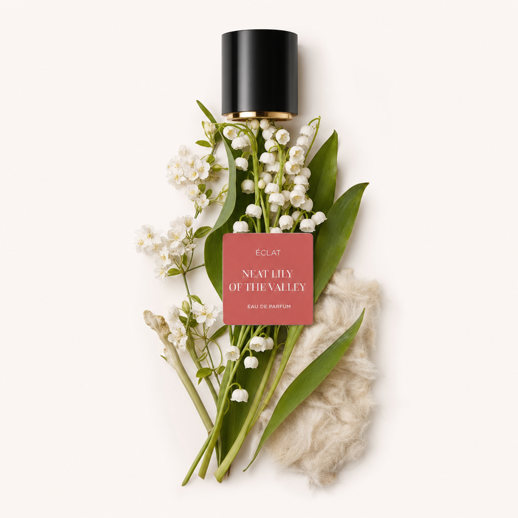 Un arrangiamento di mughetti e foglie con un tappo nero che presenta l'etichetta ÉCLAT Neat Lily of the Valley, su sfondo dalla texture morbida.