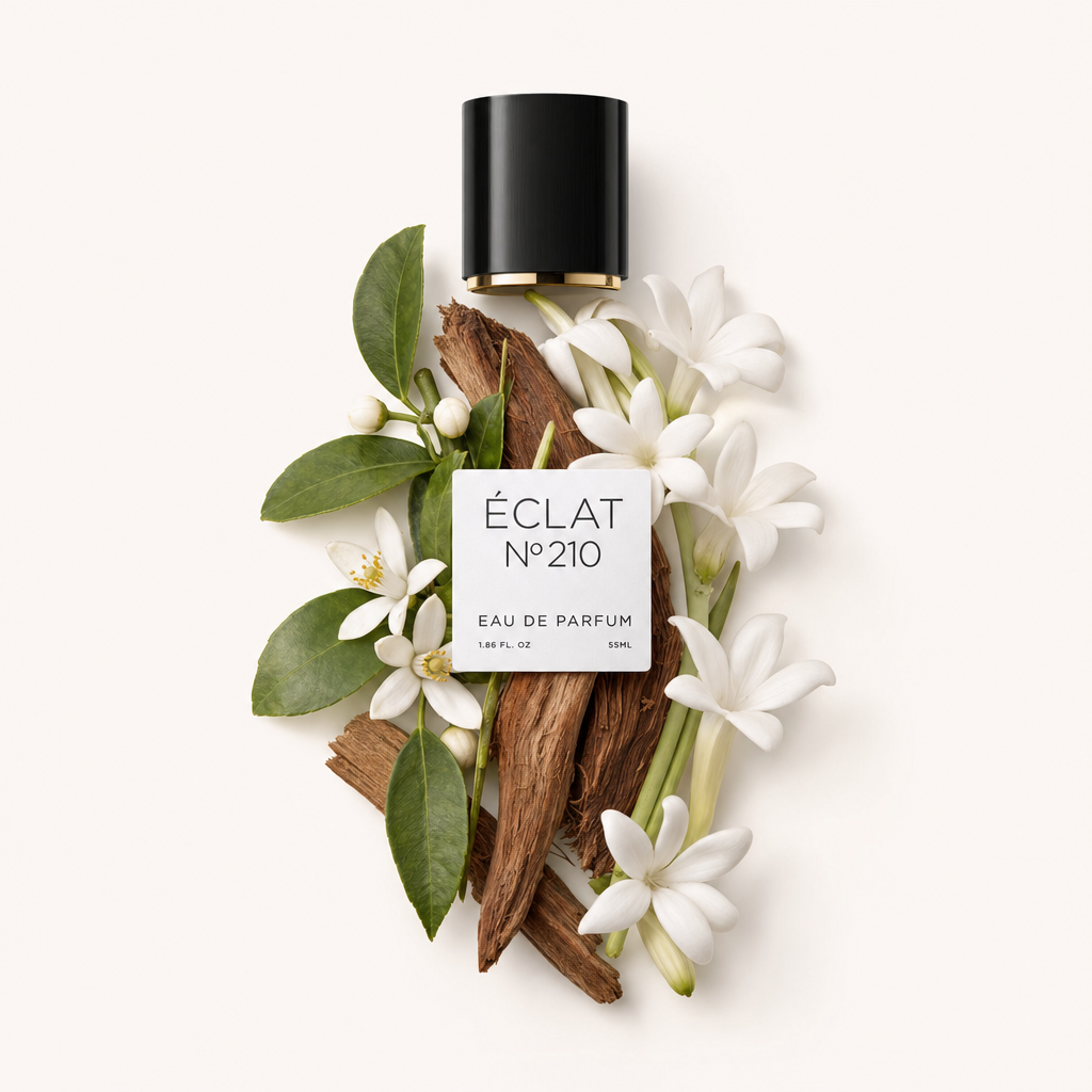 Un arrangiamento di fiori di stephanotis e foglie verdi circonda un pezzo di legno, accanto a un tappo nero con bordo dorato e un'etichetta di ÉCLAT Neroli & Stephanotis.