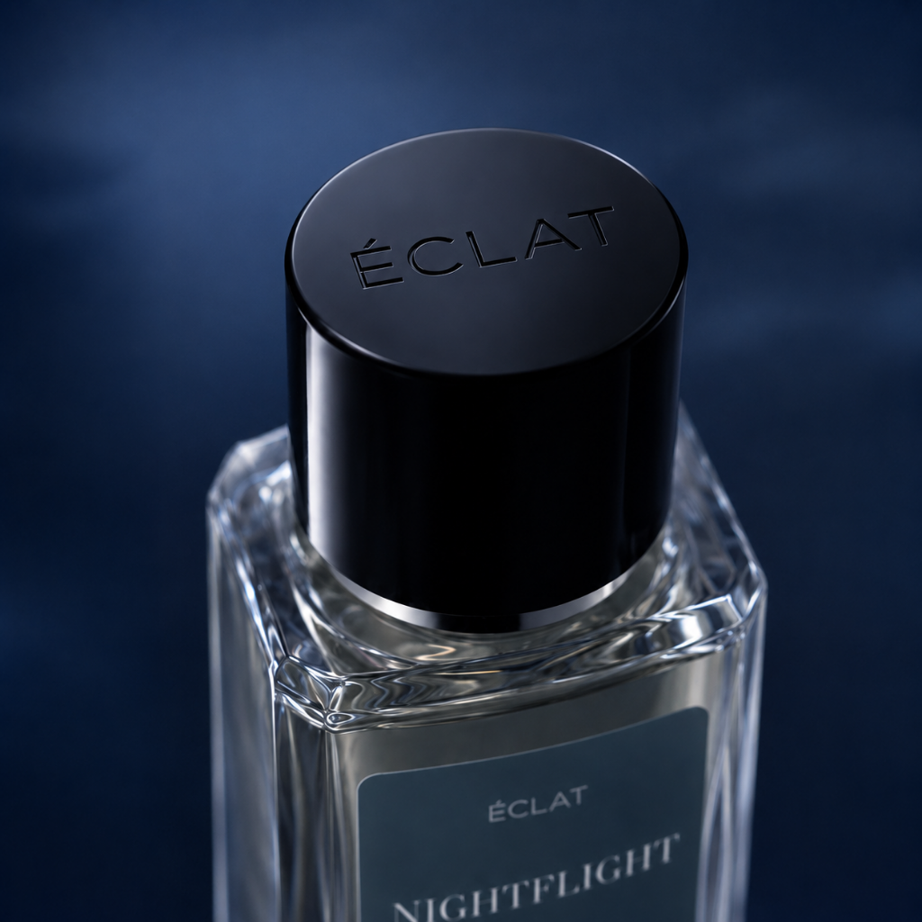 La fragranza ÉCLAT Nightflight in un flacone di vetro sfaccettato con un tappo scuro satinato su sfondo blu.