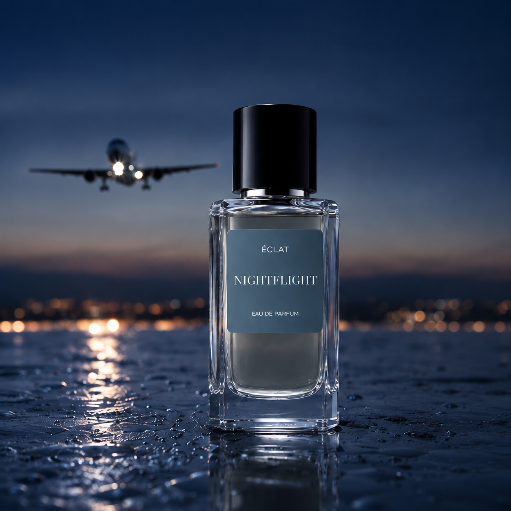 ÉCLAT NIGHTFLIGHT Eau de Parfum in un flacone di vetro sfaccettato con tappo nero, ambientato contro un cielo notturno drammatico con un aereo.