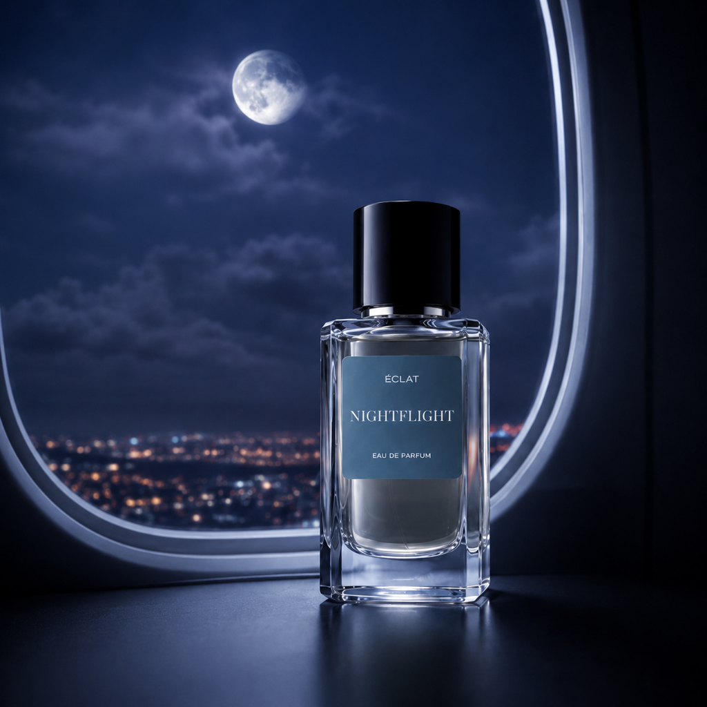 Flacone in vetro sfaccettato di ÉCLAT Nightflight con tappo nero contro un finestrino di un aereo che mostra uno skyline urbano e un cielo illuminato dalla luna.
