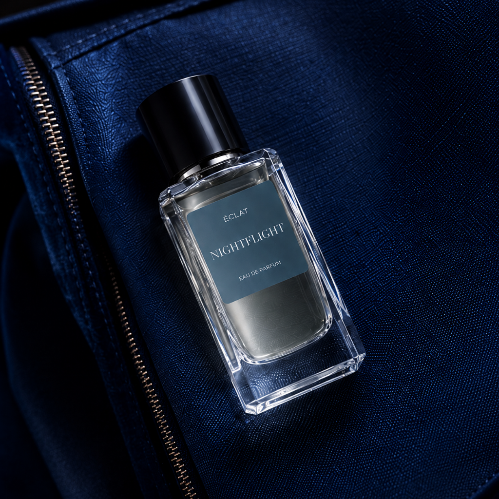 Un flacone di vetro trasparente con etichetta blu e tappo scuro, ÉCLAT Nightflight, è posato su tessuto blu testurizzato.