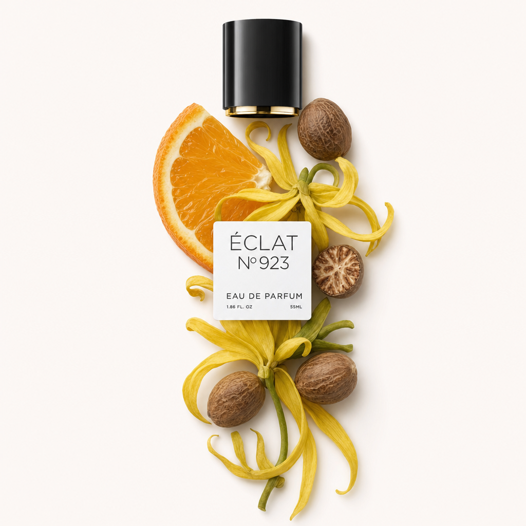 Una composizione di noce moscata, fiori di ylang-ylang e una fetta d'arancia circonda l'etichetta ÉCLAT e un tappo nero con anello dorato.