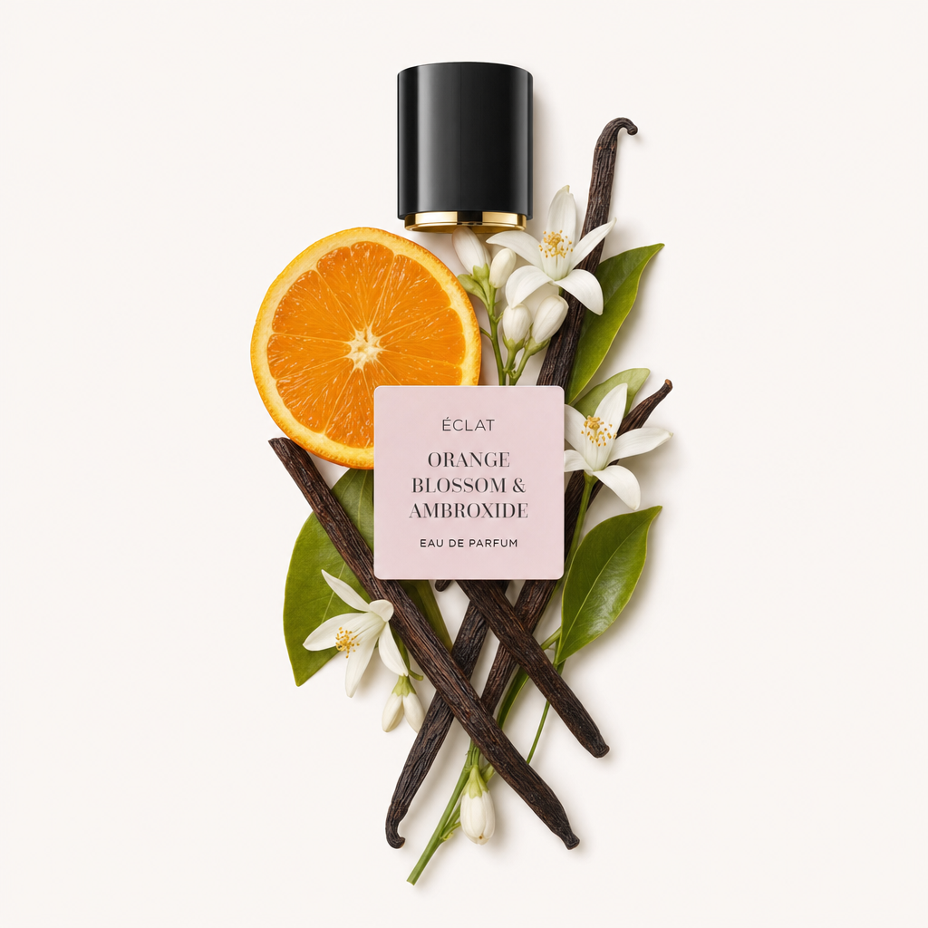 Una disposizione armoniosa di baccelli di vaniglia, fette d'arancia e fiori d'arancio con foglie verdi rigogliose sotto un tappo nero con etichetta ÉCLAT Orange Blossom & Ambroxide.
