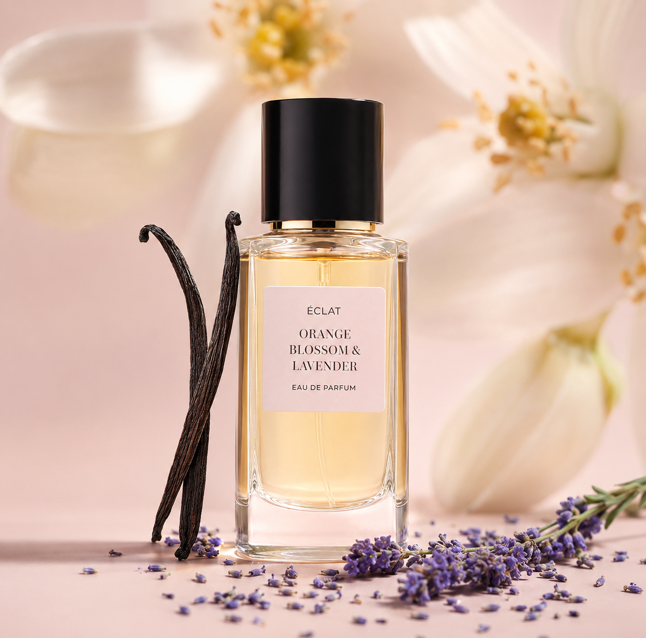 Elegante flacone di vetro ÉCLAT Orange Blossom & Lavender tra baccelli di vaniglia e lavanda su uno sfondo rosa tenue.