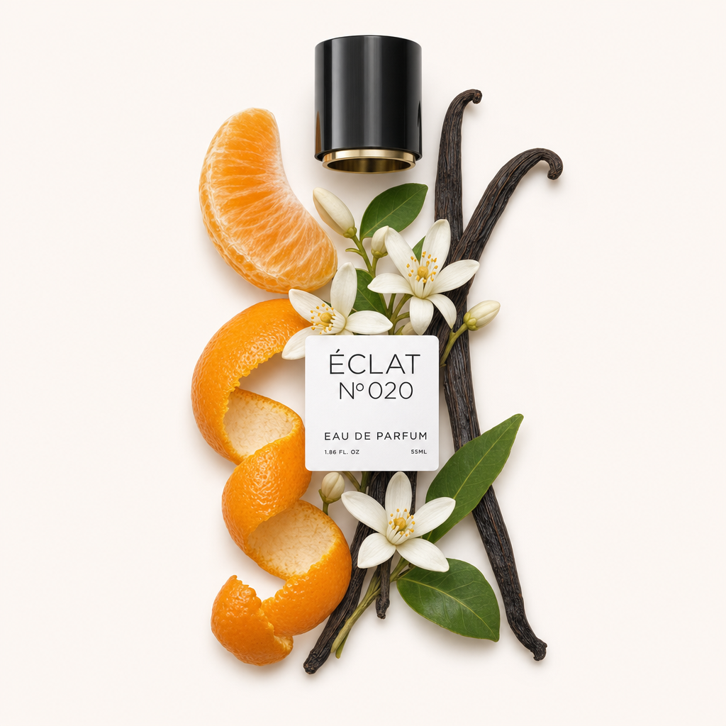 Un tappo nero con etichetta si trova sopra una composizione di fette d'arancia, baccelli di vaniglia e delicati fiori bianchi con foglie verdi, che rappresentano ÉCLAT Orange Blossom & Vanilla.