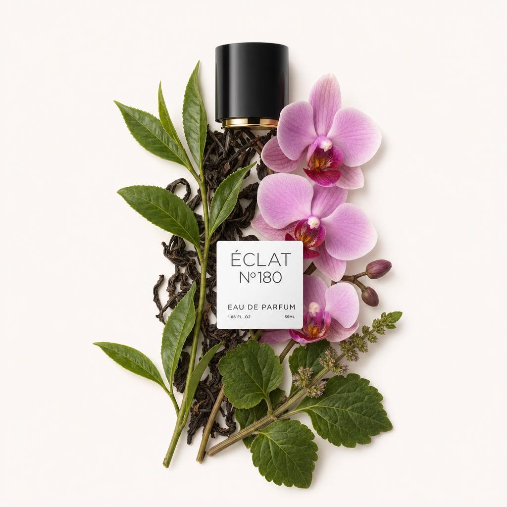 Una composizione di fiori di orchidea e foglie di patchouli lussureggianti con un tappo nero che presenta l'etichetta ÉCLAT Orchid & Patchouli.