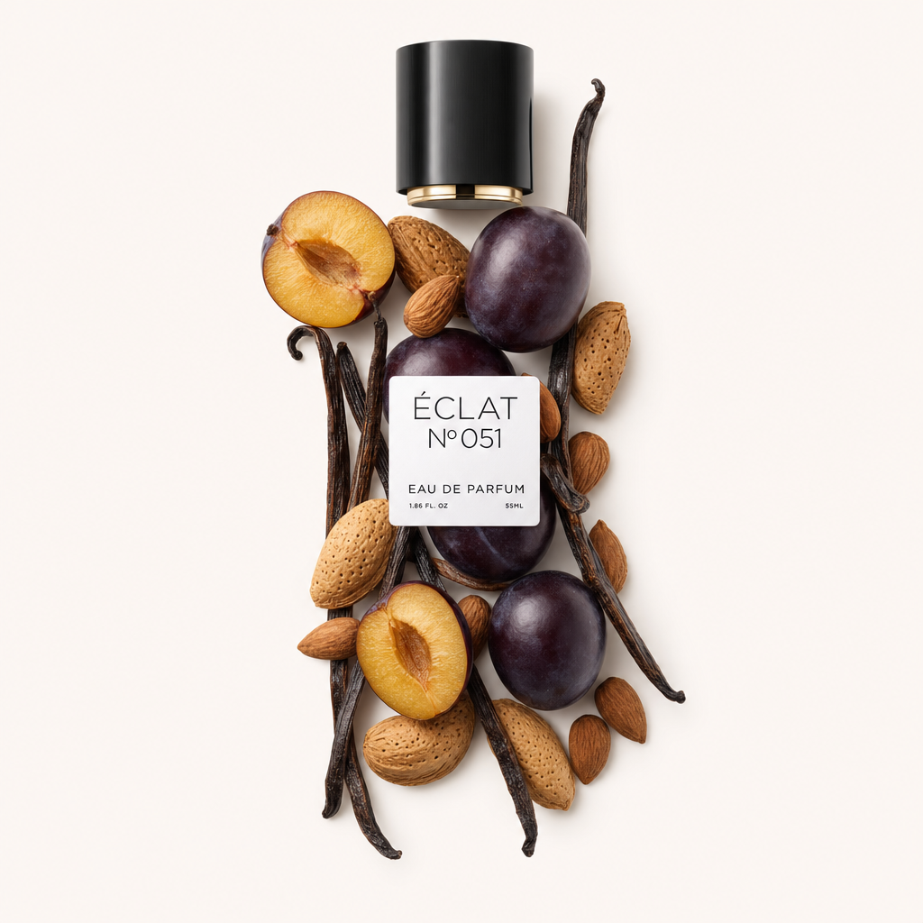 Un arrangiamento di prugne fresche, mandorle e baccelli di vaniglia circonda un tappo nero con etichetta ÉCLAT Oriental Almond.