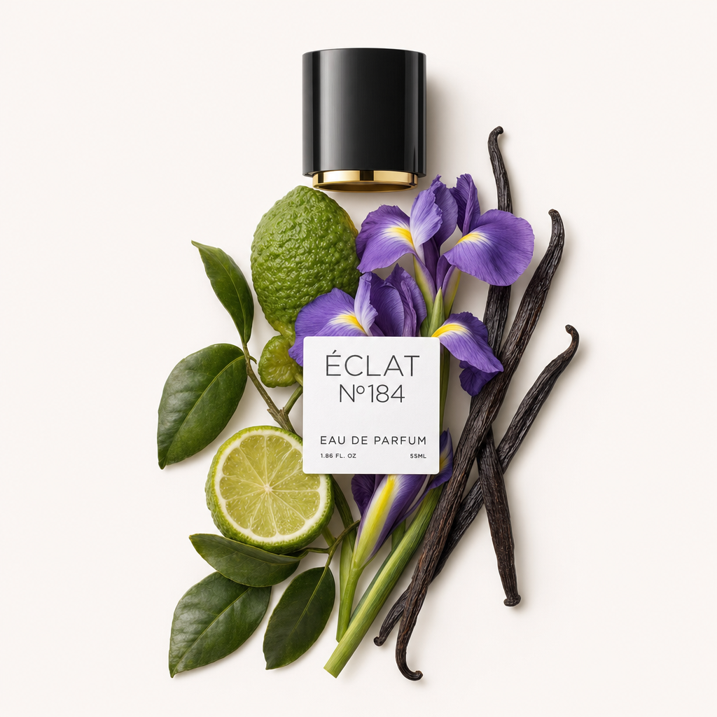 Una composizione di bergamotto, fetta di lime, fiori di iris viola e baccelli di vaniglia, con tappo nero e fascia dorata e etichetta ÉCLAT.