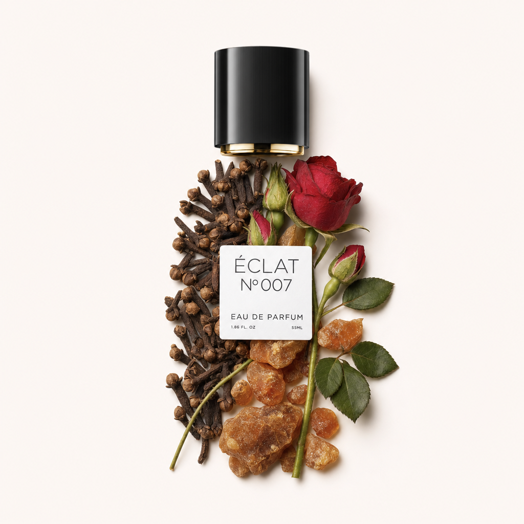 Una natura morta disposta a mano presenta chiodi di garofano, una rosa rossa e pietre d'ambra accanto al tappo originale ÉCLAT con etichetta.