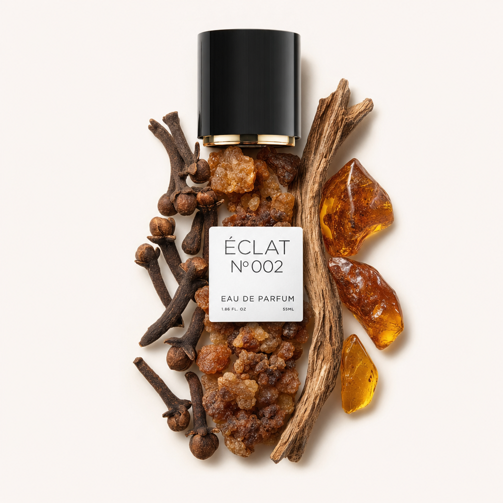Un arrangiamento di chiodi di garofano, resina di mirra e pezzi di ambra circonda un tappo nero con etichetta ÉCLAT Oriental Myrrh.