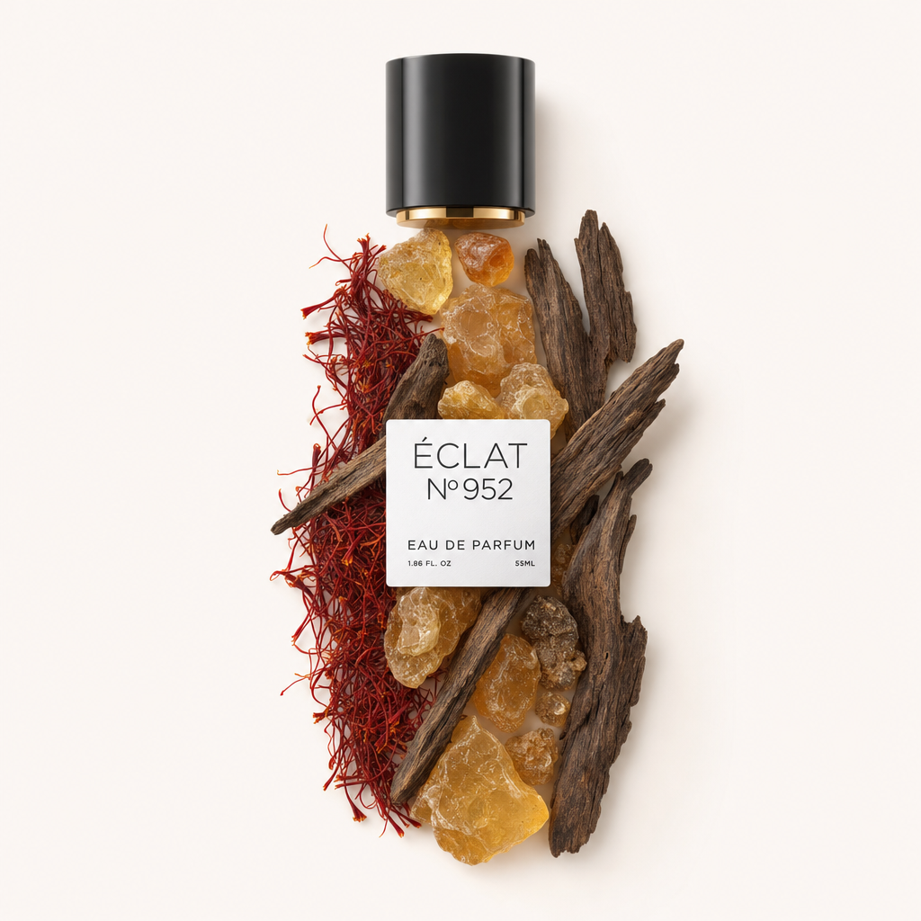 Un arrangement di fili di zafferano, resina di ambra e legno di oud circonda il tappo nero con etichetta per ÉCLAT Oriental Oud.