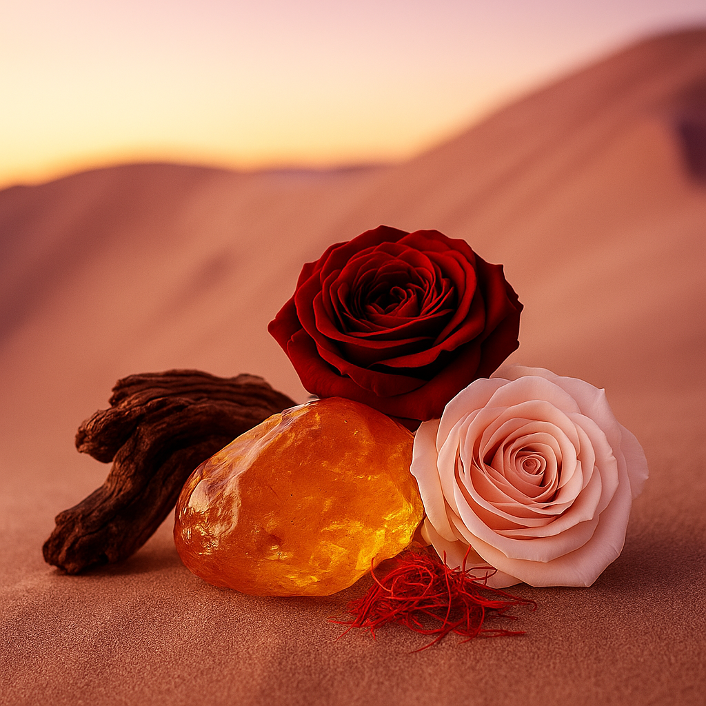 Una scena vibrante con una rosa rossa intensa e una rosa rosa delicata su ambra dorata e legno secco sulle dune di sabbia al tramonto.