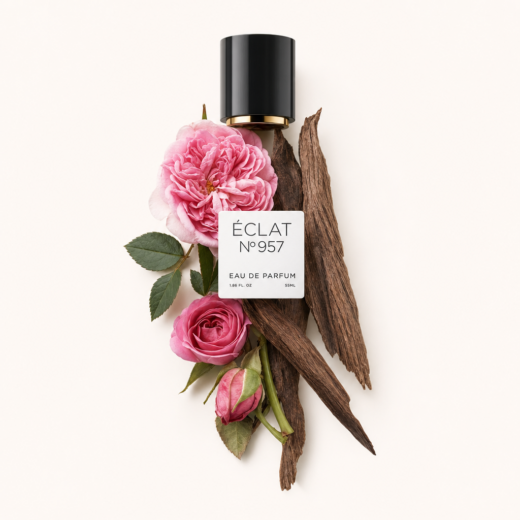 Una disposizione elegante di rose rosa ed elementi legnosi circonda un tappo nero con accento dorato, etichettato ÉCLAT VIP - Oriental Rose.