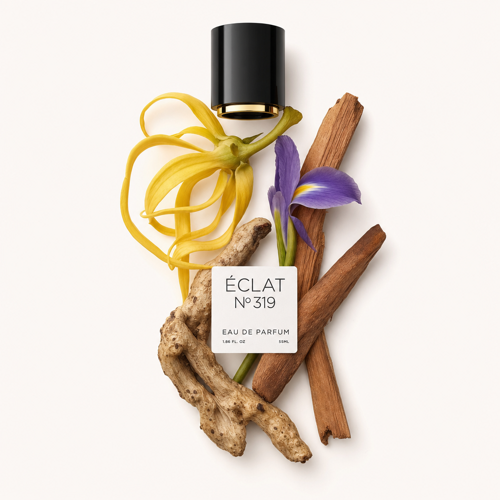 Una composizione di petali di ylang-ylang, un'iris viola, bastoncini di sandalo e radice, con un tappo nero etichettato ÉCLAT Oriental Sandalwood.