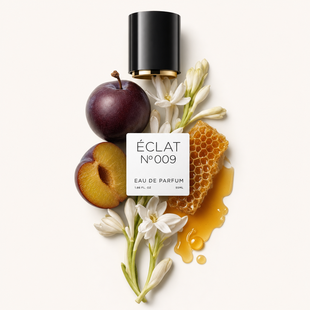 Una natura morta composta a mano con prugna, favo e fiori bianchi di tuberosa attorno a un tappo nero con etichetta ÉCLAT Oriental Tuberose.