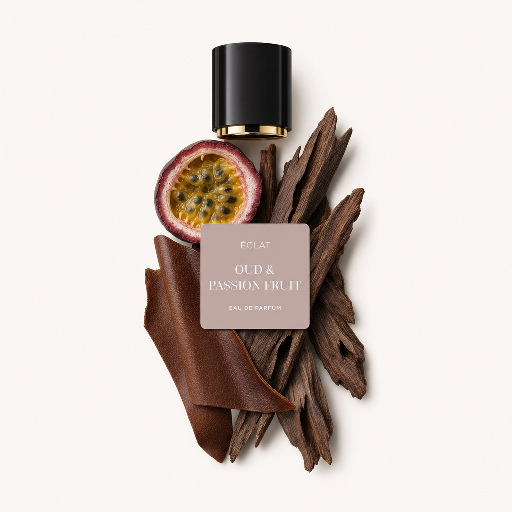 Un arrangiamento di legno di oud, mezza frutto della passione e una striscia di pelle marrone circondano il tappo nero con etichetta ÉCLAT Oud & Passion Fruit.