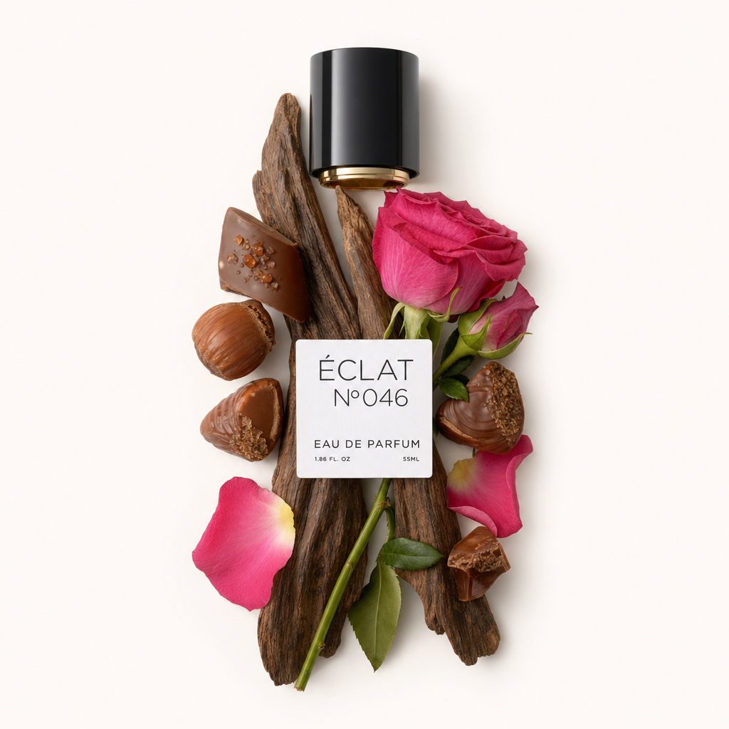Un arrangiamento di legno di oud, praline e rose, con il tappo nero evidenziato dall'etichetta ÉCLAT.