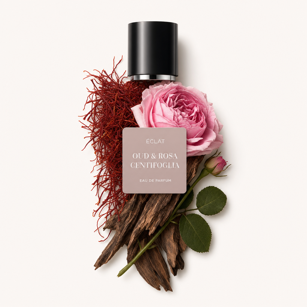 Un arrangiamento di ÉCLAT Oud & Rosa Centifolia con legno di oud, una rosa centifolia rosa e fili di zafferano rosso, circondato da un tappo nero con etichetta.