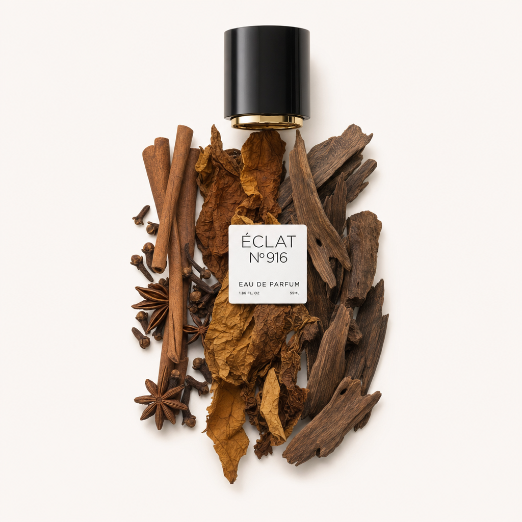 Una composizione di bastoncini di cannella, foglie di tabacco, anice stellato, chiodi di garofano e legno di oud circonda un tappo nero etichettato con ÉCLAT Oud & Tobacco.