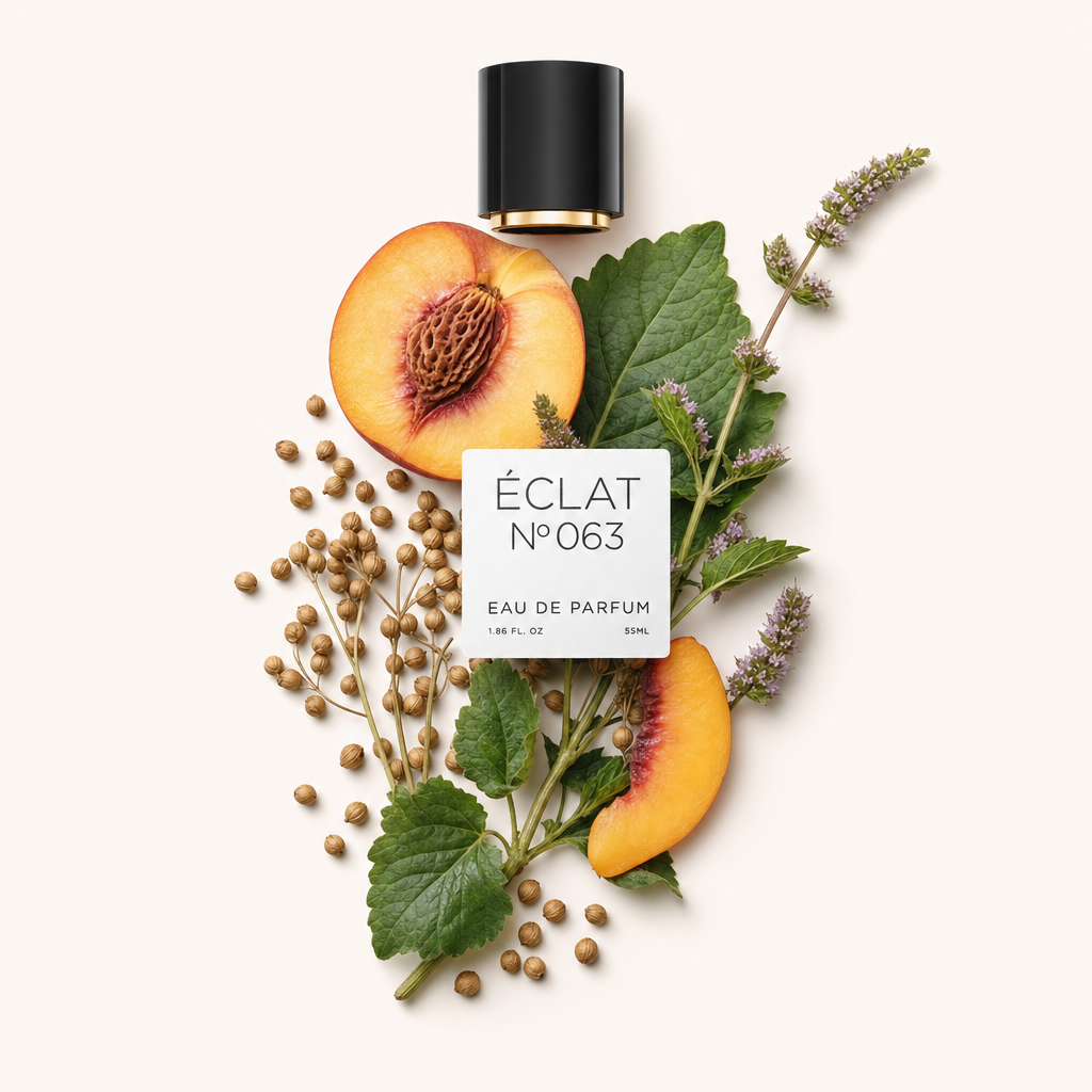 Una composizione di foglie fresche di patchouli, semi di coriandolo e fette di pesca, con un tappo nero recante l'etichetta ÉCLAT Patchouli & Peach.