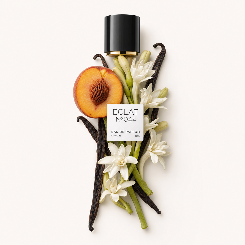 Un arrangiamento di pesca, tuberosa e baccelli di vaniglia circonda un tappo nero con etichetta per ÉCLAT VIP - Peach, Tuberose & Vanilla.