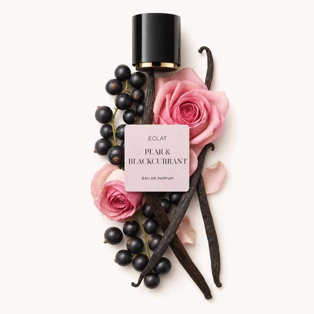 Una composizione di ribes nero, rose rosa e baccelli di vaniglia con un tappo nero e un'etichetta con scritto ÉCLAT Pear & Blackcurrant.