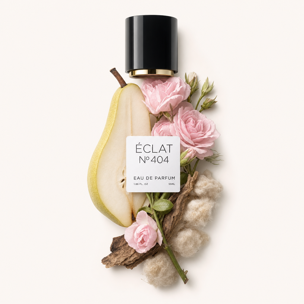 Una composizione con una pera dimezzata, delicate rose rosa, legno rustico e morbide lanugini di cotone intorno a un tappo nero ÉCLAT con etichetta.