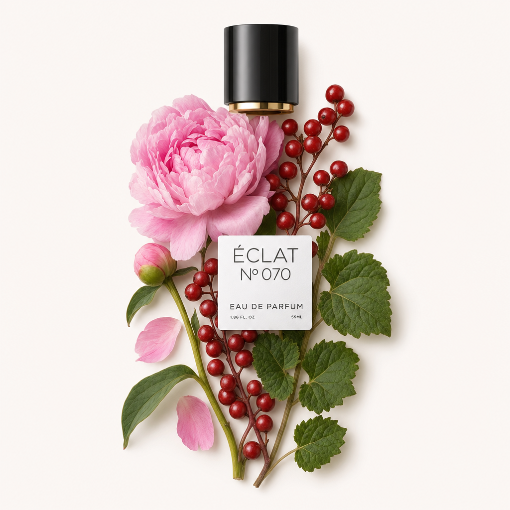 Un arrangiamento di fiori di peonia rosa e bacche rosse con foglie verdi, sormontato da un tappo nero con etichetta ÉCLAT Peony & Patchouli.