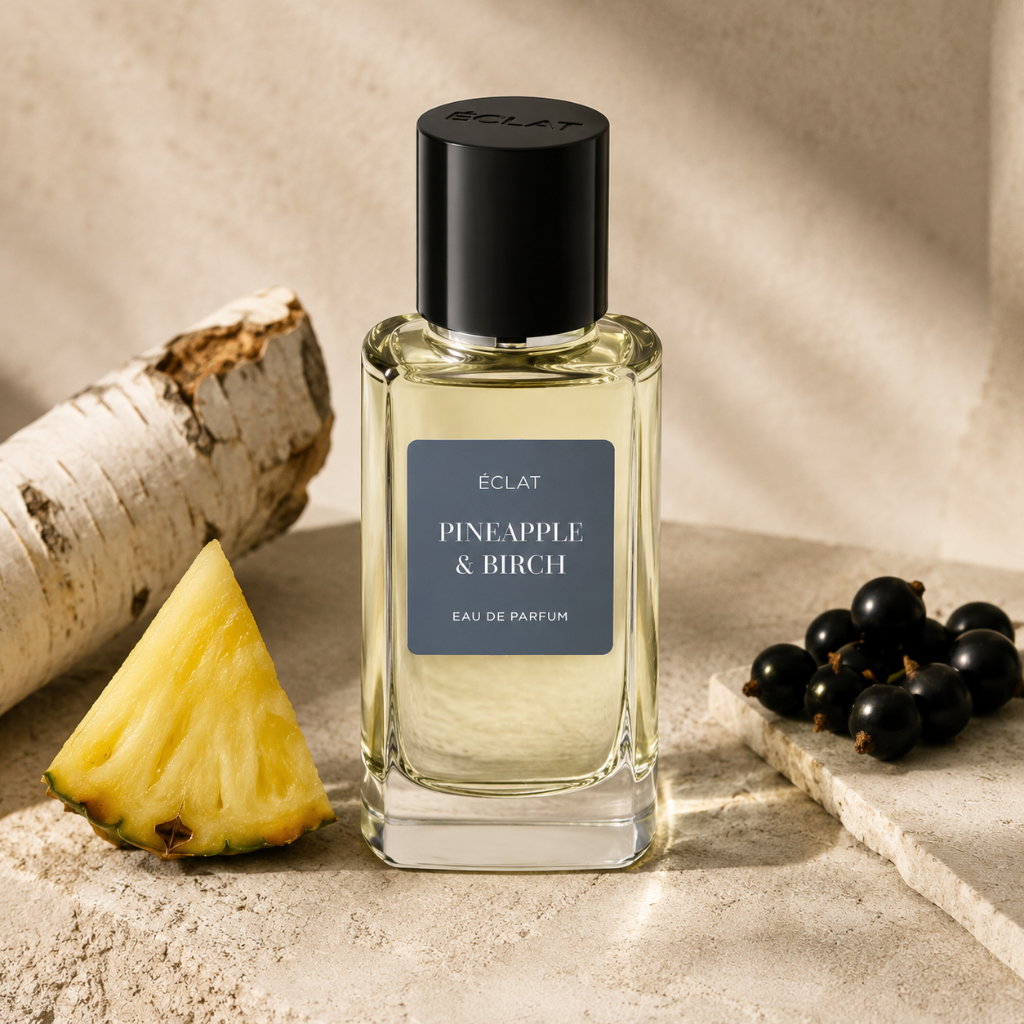 Flacone in vetro sfaccettato di ÉCLAT Pineapple & Birch con tappo nero, circondato da un tronco di betulla, fetta di ananas e ribes nero.