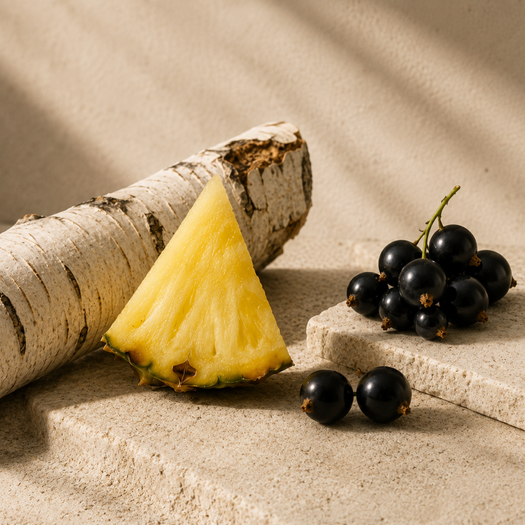 Una fetta di ananas, corteccia di betulla e ribes nero disposti elegantemente su superfici in pietra testurizzata, riflettendo l'essenza di ÉCLAT VIP - Pineapple & Birch.