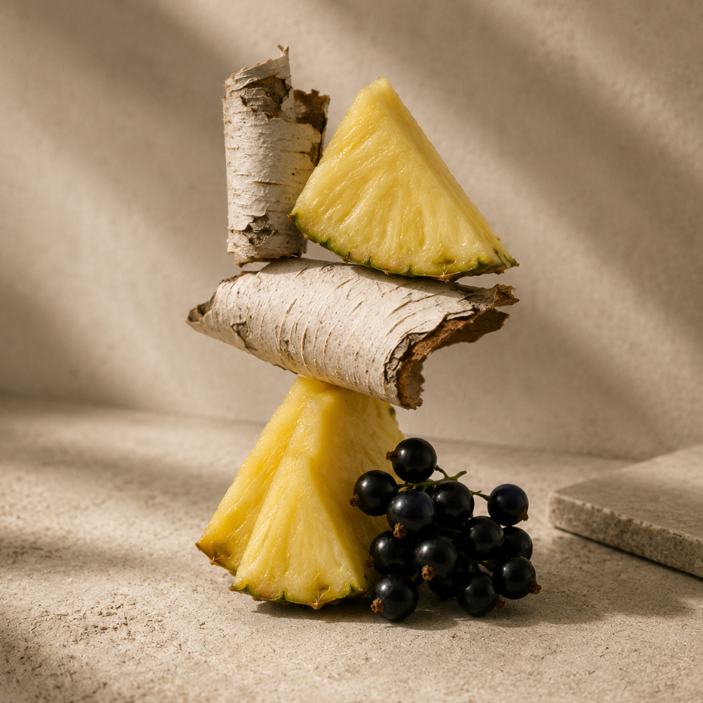 Una composizione di fette di ananas fresco impilate con corteccia di betulla e accompagnate da ribes nero, rappresentando ÉCLAT VIP Pineapple & Birch.