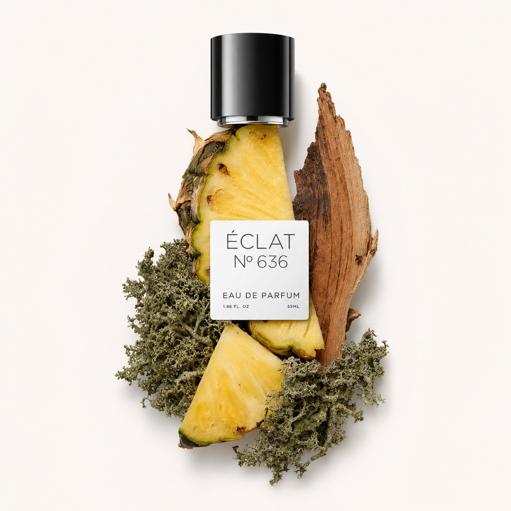 Una composizione di fette di ananas fresco, muschio di quercia e corteccia di quercia circonda il tappo nero originale con etichetta ÉCLAT.