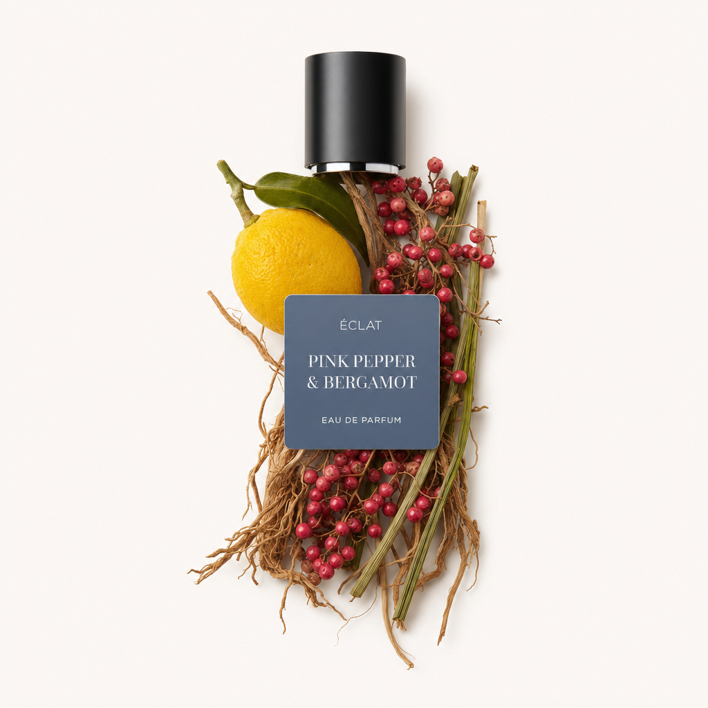 Un arrangiamento di bacche di pepe rosa, un bergamotto giallo e erba secca circonda un tappo nero con etichetta ÉCLAT Pink Pepper & Bergamot.